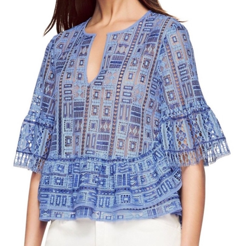 BCBGMaxAzria Imane Lace Top Blue  Boho Blouse Size M